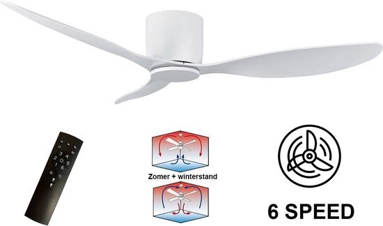 Ylumen Plafondventilator Brezza 132 cm - ventilator met afstandsbediening - 6 snelheden - ventilator voor lage plafonds - timer functie - fluisterstille ventilator - Wit