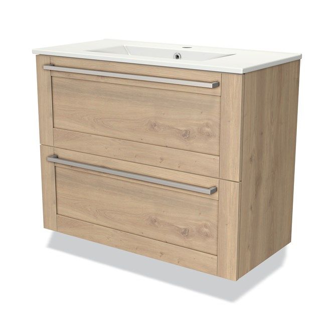 Maxaro Badkamermeubel 80cm Modulo Slim Lichtbruin Eiken 2 Lades Kader Wastafel Keramiek