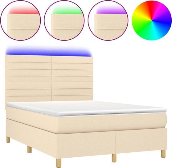vidaXL Boxspring met matras en LED stof crèmekleurig 140x200 cm