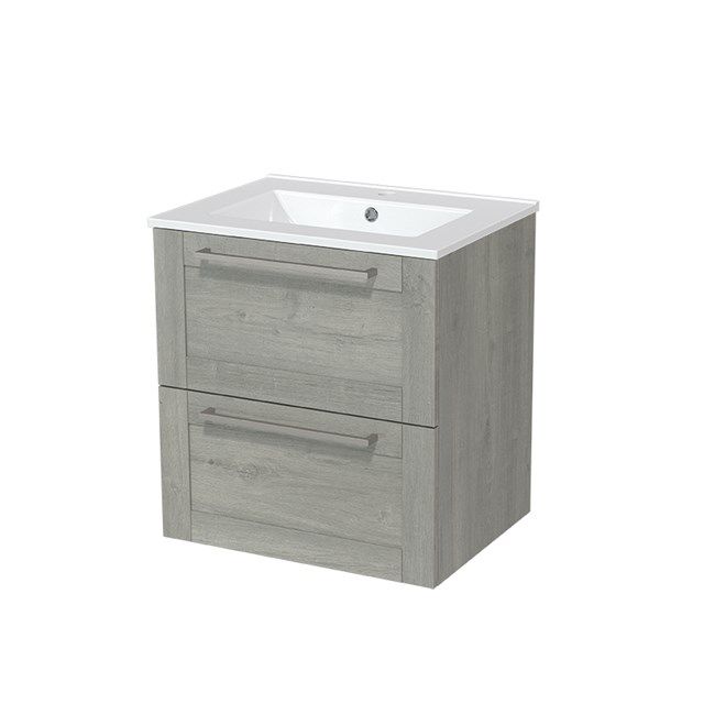 Maxaro Badkamermeubel 60cm Modulo Grijs Eiken 2 lades Kader Wastafel Keramiek