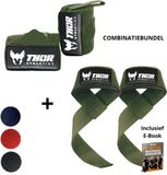 Thor Athletics Lifting Straps incl. Wrist Wraps 60cm (Extra Sterk) - Combinatie Bundel - Krachttraining Accessoires - Powerlifting Straps - Polsbrace - Army Green - Inclusief E-Book - One Size