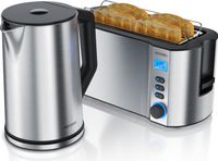 Arendo ontbijtset, 2-delig, waterkoker ELEGANT, 1,5 liter, temperatuurregeling, 4-sleuf broodrooster MANHA, 1500W, 6 bruiningsgraden, roestvrij staal