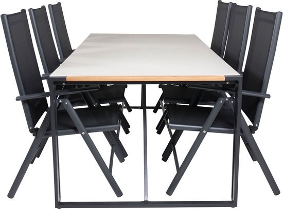 Hioshop Texas tuinmeubelset tafel 100x200cm en 6 stoel Break zwart, grijs, naturel.