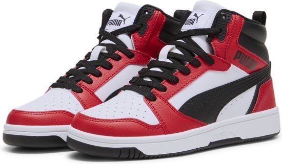 PUMA Rebound V6 Mid Jr Unisex Sneakers - White/Black/Red - Size 35.5