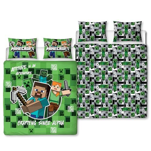 Character World Character World Minecraft officiële dubbele dekbedovertrekset | Block Check Gaming Design omkeerbaar 2-zijdig beddengoed inclusief bijpassende kussenslopen | Tweepersoonsbedset