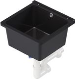 QLS Gootsteen Zwart 40x38x22 cm van Kunststof - Inclusief Sifonset - voor Kelder, Tuin en Garage 10841