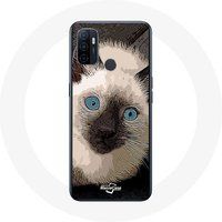 Maniacase Etui voor Oppo A53 Zwart wit Siamese kat met blauwe ogen