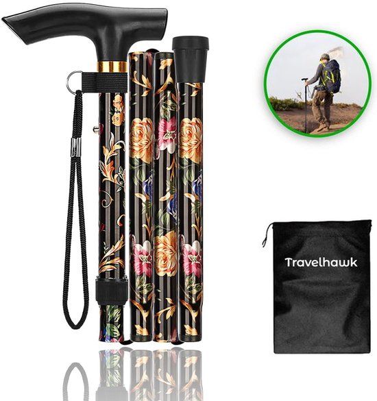 Travelhawk Wandelstok - Verstelbaar en Opvouwbaar - Zwarte bloemen - Incl. Opbergtas - loopstok Ouderen