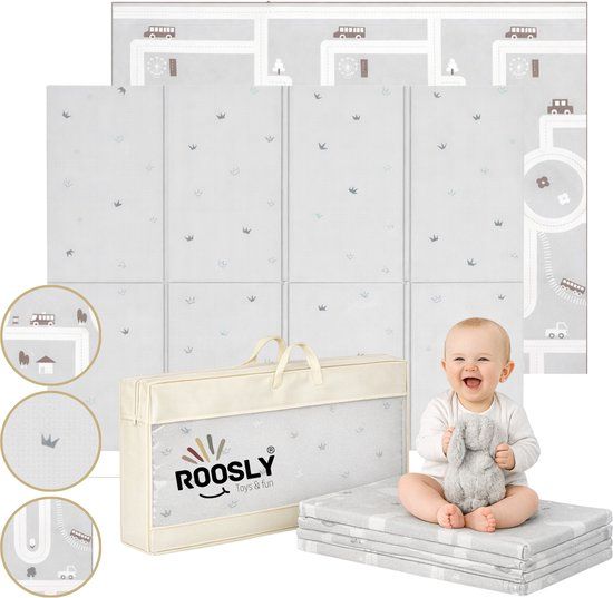 Roosly Speelmat Baby - Speelkleed Baby - Inclusief Opbergtas - babygym - kruipmat - playmat - Dubbelzijdig en opvouwbare Foam XPE 180 x 200 cm - Veilig & Zacht - KING Gray