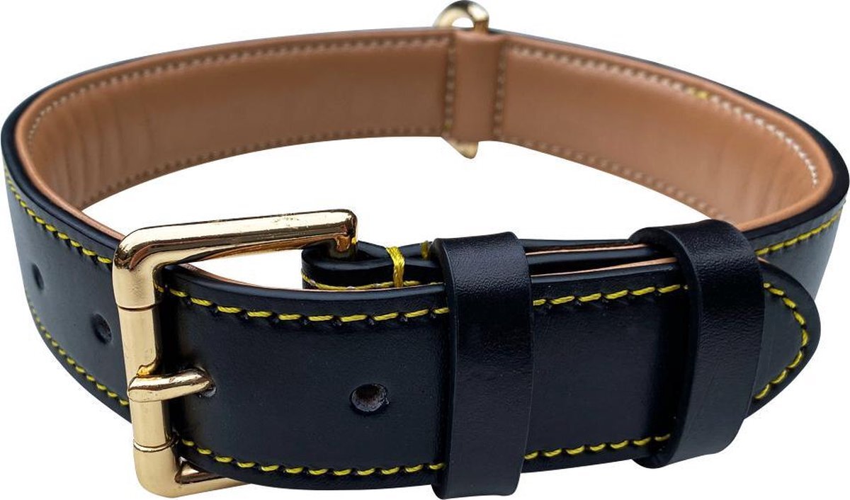 Brute Strength Hondenhalsband van leer - zwart met gele naden - L - 46-53 cm zwart
