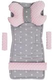 MINKY Universele stoelbekleding voor kinderwagen en buggy's, zitplaatsen, kinderwagendeken, 5-delig, gordelkussen + speelboog, kinderwagenset, katoen