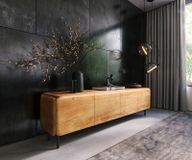 Shavani Meuble TV 200 cm Acacia naturel 4 portes Pieds ronds Métal Noir