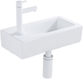QeramiQ Fuente Fonteinset - 37.5x18.5x9cm - keramiek - kraangat links - fonteinkraan mat wit - afvoerplug - verlaagd sifon - Glans wit
