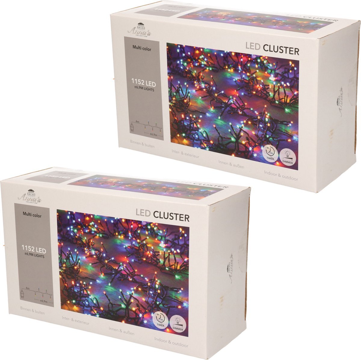 Lumineo Set van 2x stuks clusterverlichting gekleurd buiten 1152 lampjes met timer - Kerstverlichting - Boomverlichting/feestverlichting lichtsnoeren