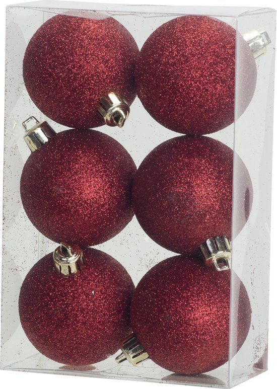 Cosy&Trendy 6x Red Plastic Christmas Balls 6 cm - Glitter - Shatterproof - Christmas Tree Decoration Red