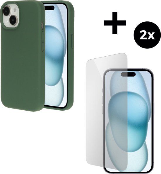Mobiparts Silicone Cover - Apple iPhone 15 - Green with 2x Tempered Glass Screen Protectors