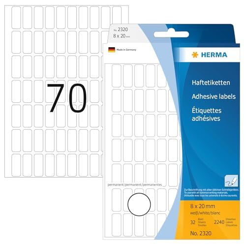 HERMA 2320 multifunctionele etiketten mini (8 x 20 mm, 32 velles, papier, mat) zelfklevend, permanent klevende huishoudelabels voor handschrift, 2.240 stickers, wit