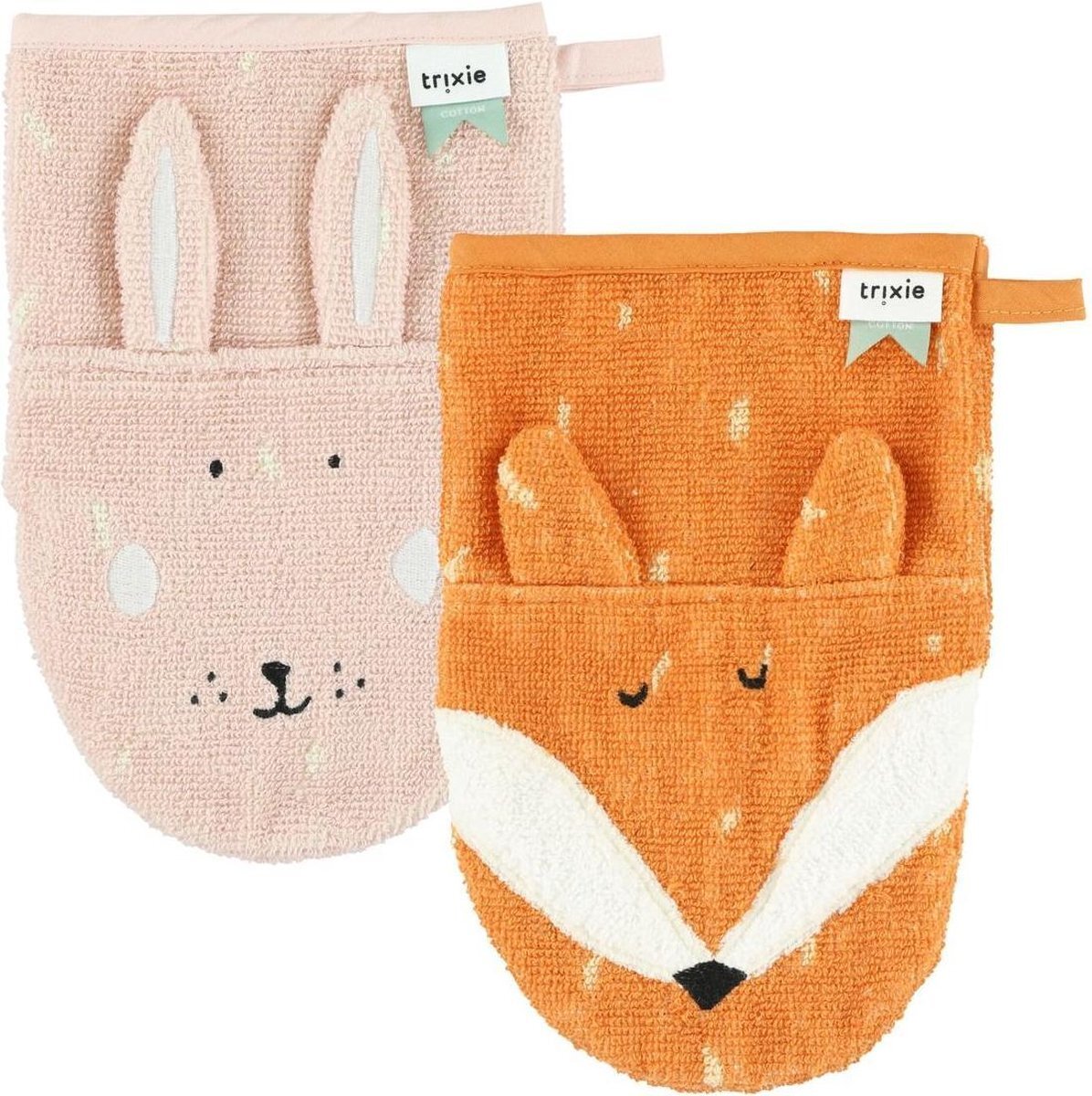 TRIXIE Mrs. Rabbit - Mr. Fox baby washandje - set van 2 roze/oranje