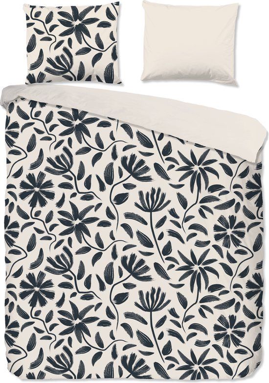 Good Morning dekbedovertrek zwart witte bloemen print - Lits jumeaux 240x200/220 cm - Ecru - 100% Katoen renforce