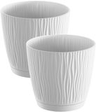 Prosperplast Pot de fleurs Waves - 4x stuks - kunststof - wit - D13 x H12 cm - binnen/buiten - met opvangschaal