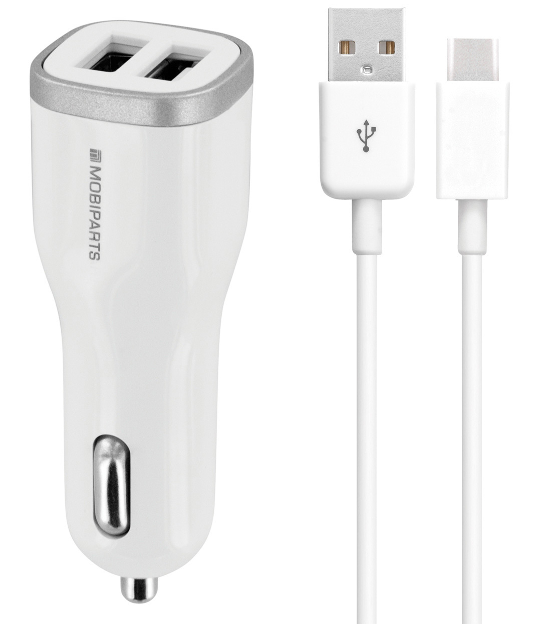 Mobiparts Car Charger Dual USB 4.8A + USB-C Cable White