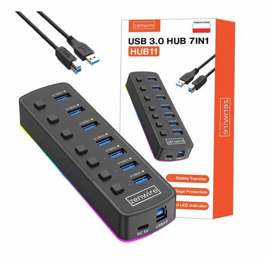 Zenwire Hub 7in1 USB-C - 7x USB 3.0 Poorten - 5 Gbps - Plug & Play - Zwart