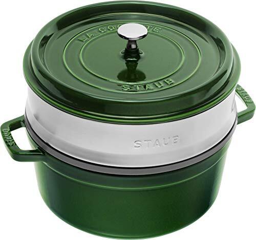 Staub Gietijzeren braadpan/cocotte, met stoominzetstuk, rond 26 cm, 5,2 l, met matzwarte emaillaag binnenin de pan, basilicum/groen