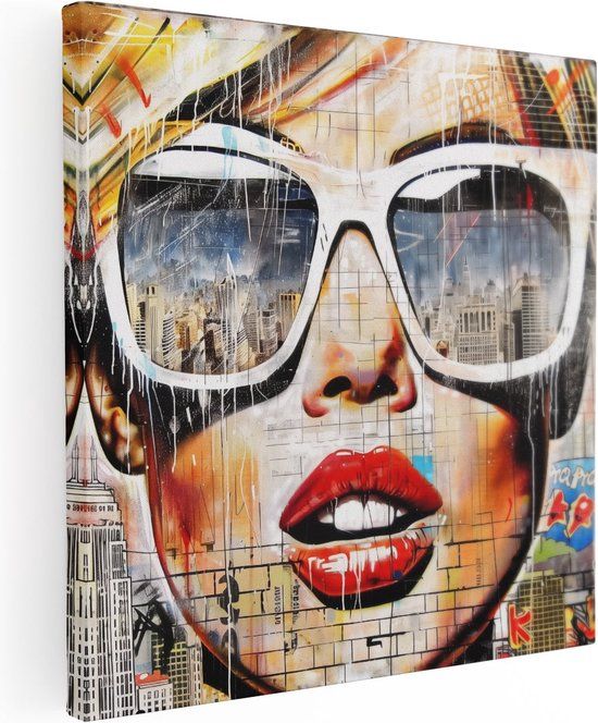 Artaza Canvas Schilderij Kunstwerk Vrouw met Zonnebril - 30x30 cm - Canvas Print