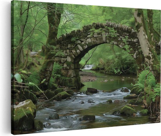 Artaza Canvas Schilderij Stenen Brug over een Beekje in het Bos - 90x60 - Wanddecoratie - Foto Op Canvas - Canvas Print