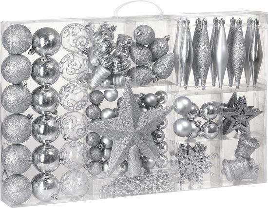 Deuba Kerstboomballen - Set van 102 Kunststof Ø3-6cm - Mat Glanzend Zilver