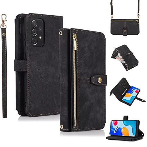 Jeelar ESONG Hoesje voor Samsung Galaxy A52s/A52 4G/5G,Magnetic portemonnee telefoonhoesje Holster met kaartenvak/standaard,Lederen Flip portefeuille beschermhoes,Crossbody Wallet Shockproof Case Cover,Zwart