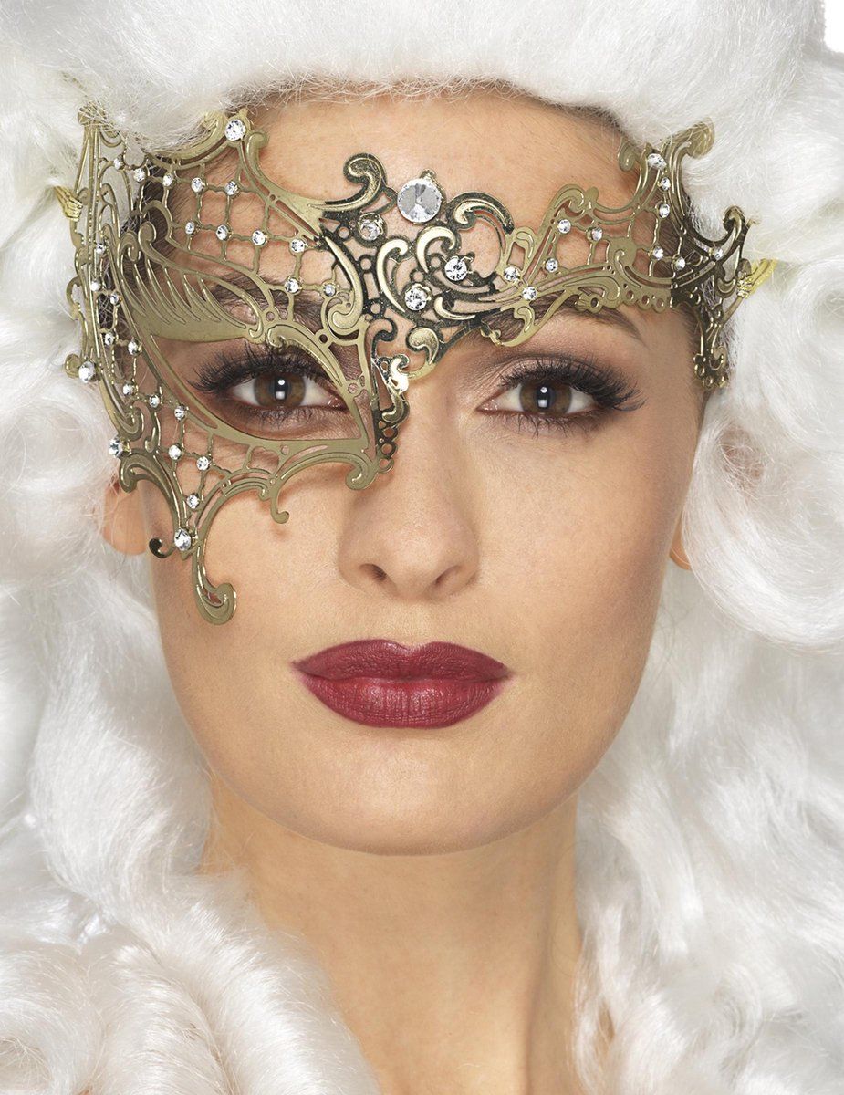 Smiffys Deluxe Metal Filigree Half Eye Mask - Gold - One Size