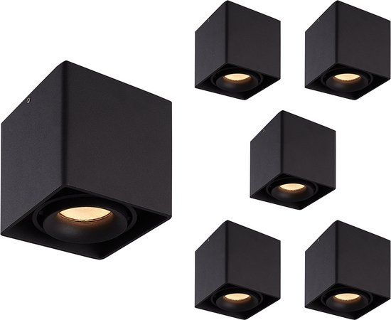 HOFTRONIC 6x Dimbare LED opbouw plafondspot Esto Zwart | GU10 5W 2700K | Kantelbaar