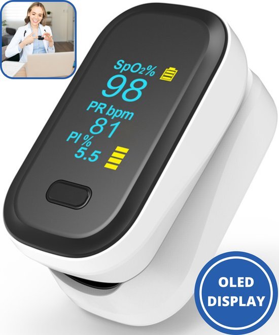 Curify® Medische Saturatiemeter - Zuurstofmeter Vinger inclusief Hartslagmeter - Pulse Oximeter met PI Functie - Wit