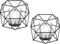 Relaxdays waxinelichthouder, geometrisch design, met glas, theelichthouder, metaal, 10 x 13 x 12 cm, zwart