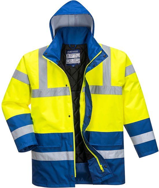 Portwest S466 hi-vis contrast verkeersjas, heren, maat XXL, geel/korenblauw, parka, gevoerd, waterafstotend, winddicht, met capuchon