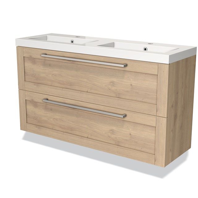 Maxaro Badkamermeubel 120cm Modulo Slim Lichtbruin Eiken 2 Lades Kader Wastafel Mineraalmarmer - 6095819944991