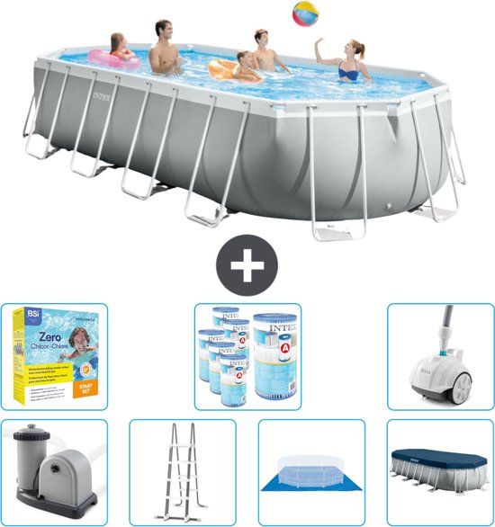 Intex Ovaal Prism Frame Zwembad - 610 x 305 x 122 cm - Grijs - Compleet Pakket