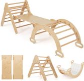 COSTWAY 4-en-1 structure d'escalade, arche d'escalade avec toboggan, coussin, rampe double face, toboggan et bascule, adapté à l'escalade, structure d'escalade d'intérieur, 1+ naturel