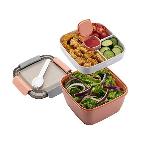 MUJUZE Lunchbox met onderverdeling in vakken, broodtrommel met bestek voor volwassenen en kinderen, duurzaam, lekvrij, saladebox voor school, werk, picknick, reizen (roze)