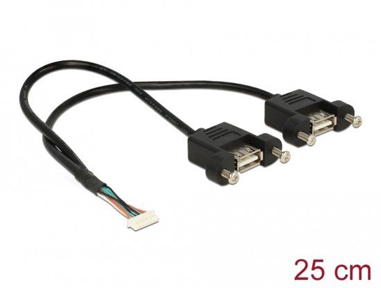 Delock Cable USB 2.0 pin header female 1.25 mm 8 pin > 2 x USB 2.0 Type-A female panel-mount 25 cm