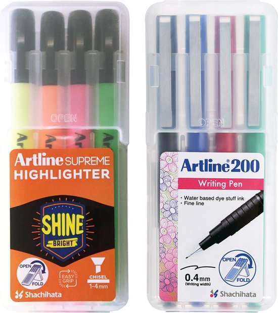 Artline Set van 1x box Supreme Fluo-Markers + 1x box Fineliners 200.