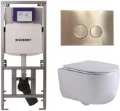 Geberit QeramiQ Dely Swirl Toiletset - 36.3x51.7cm - diepspoel - rimless - Geberit UP320 inbouwreservoir - met Burda frame -slim zitting - geborsteld messing bedieningsplaat - ronde knoppen - mat wit