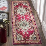 SAFAVIEH Monaco Collection Lopertapijt - 2'2" x 16", roze en multi, boho chic medaillon distressed design, niet-pluizend en onderhoudsvriendelijk, ideaal voor gebieden met veel verkeer in woonkamer