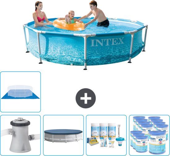 Intex Rond Frame Zwembad - 305 x 76 cm - Waterprint - Inclusief Pomp Afdekzeil - Onderhoudspakket - Filters - Grondzeil
