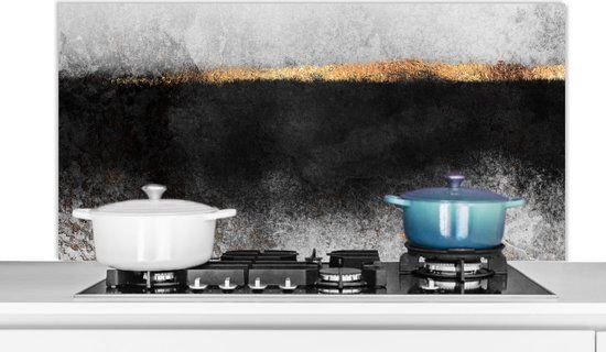 KitchenYeah Keuken Spatscherm - Marmer Print - Goud - Zwart - 120x60 cm - Aluminium