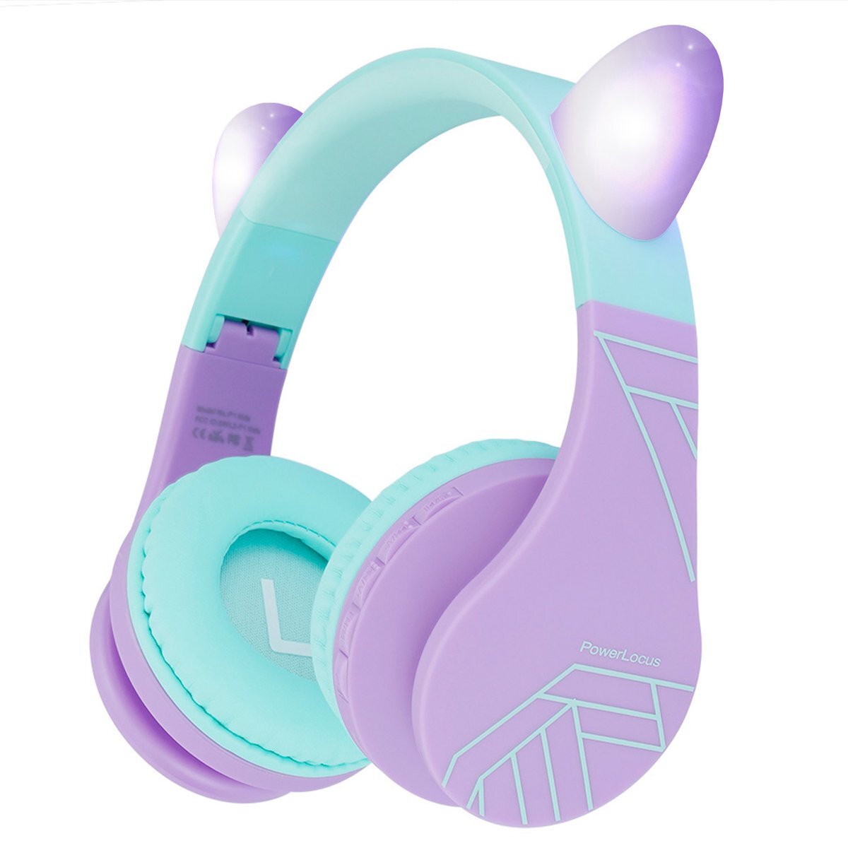 PowerLocus P1 draadloze Over-Ear Koptelefoon Inklapbaar koptelefoon voor kinderen - veilig volume van 85 dB - Bluetooth Hoofdtelefoon - Met microfoon paars/teal met oren