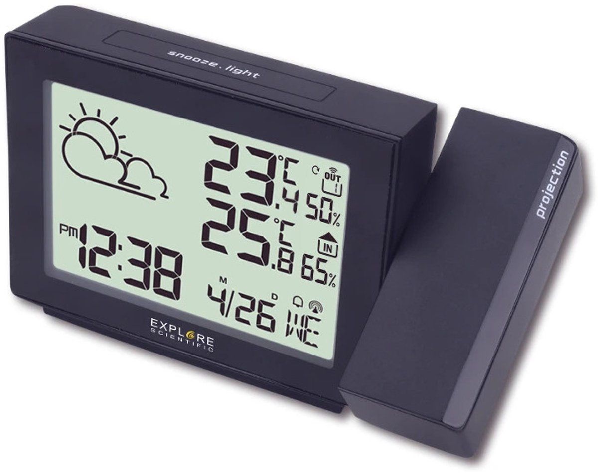 EXPLORE SCIENTIFIC RPW3005, projectieklok met weer, radiografisch bestuurd, barometer, binnen- en buitentemperatuurweergave met sensor, blauw