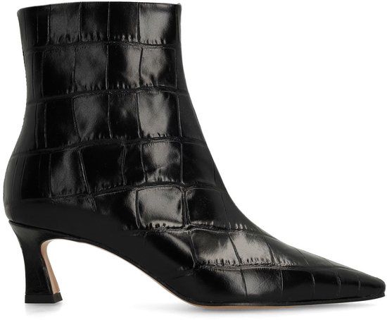 Manfield Zwarte Leren Croco Enkellaarsjes met Hak - Maat 37