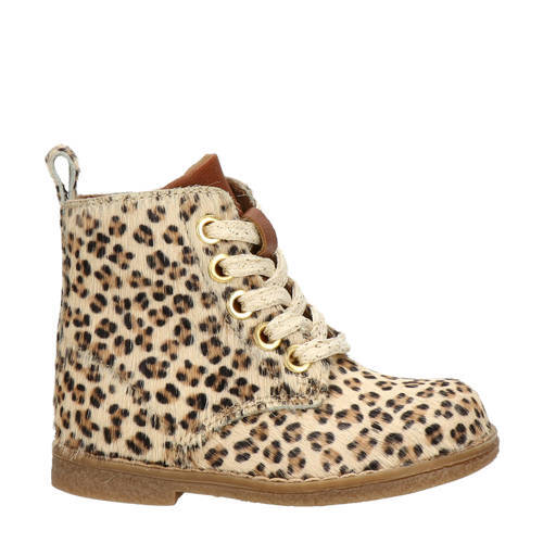 Nelson Kids Nelson Kids leren veterboots met ponyhaar en panterprint beige